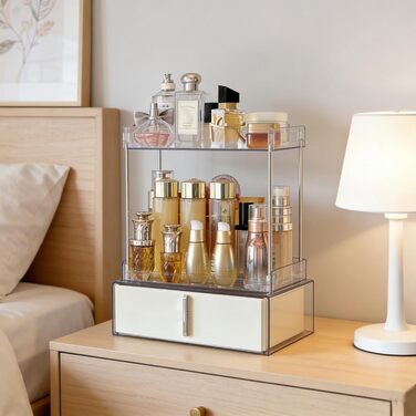 Рівневий органайзер для макіяжу Kousee з шухлядою зберігання косметики, великий органайзер для туалетного столика, місце для зберігання у ванній кімнаті з протиковзким дизайном (кремовий), 3-