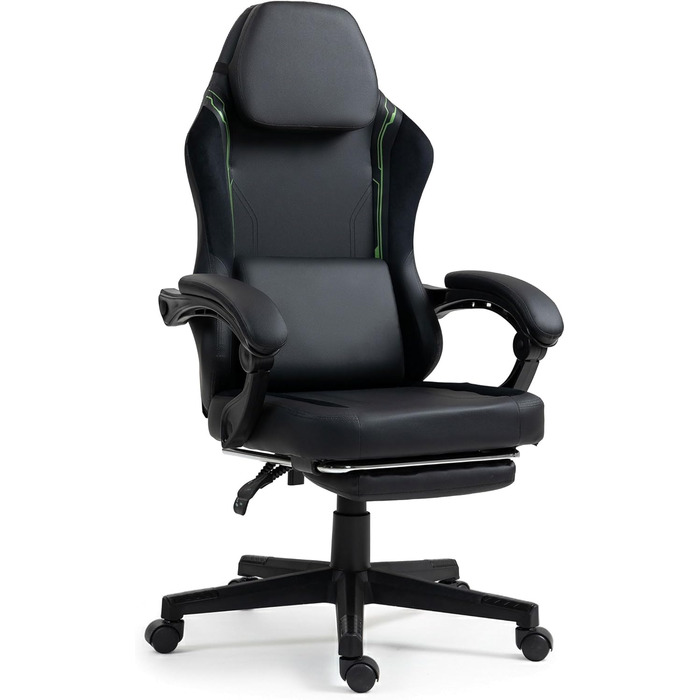 Чорно-зелене ігрове крісло - з підставкою для ніг - ергономічне - з регульованою висотою