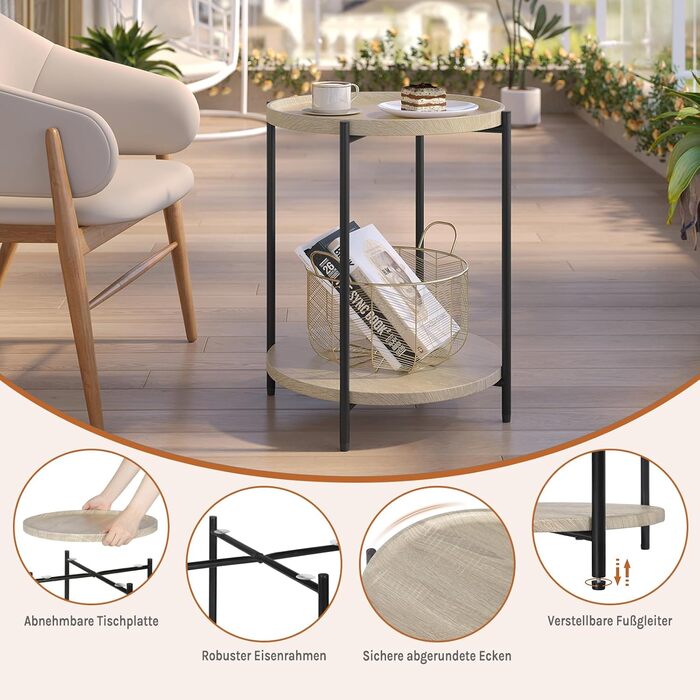 Круглий журнальний столик WOLTU, бічний столик з 2 полицями, стіл для вітальні зі знімною стільницею, тумбочка, столик для дивана, телефонний столик для вітальні та спальні, виготовлений з МДФ та металу, світлий дуб, BTS06hei