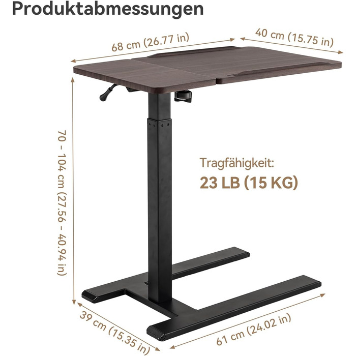Приліжковий столик SIHOO D01 Стіл для ноутбука з регульованою висотою та можливістю нахилу на колесах для використання в лікарнях та вдома, темно-коричневий