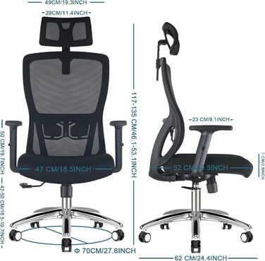 Ергономічне офісне крісло, стілець для роботи, офісне крісло з підголівником, підлокітниками, поперековою опорою, регулюванням висоти, гойданням 90-120, обертовим кріслом, вантажопідйомність 150 кг 01