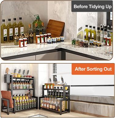 Стелаж для спецій Devesanter, 3 яруси, кухонна стійка для банок для спецій великої місткості, металевий органайзер для стільниці з тримачем для посуду, тримач для обробної дошки, з 6 гачками, чорний