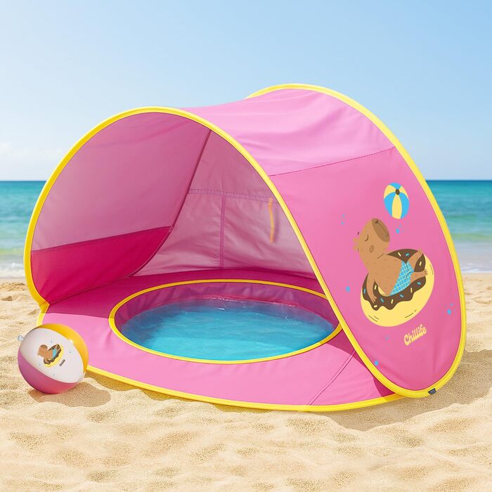 Розкладний пляжний намет Портативний пляжний намет із захистом від ультрафіолету та вітру Пляжний м&39яч, вбудована пісочниця, басейн Кишені для зберігання речей, вікно на блискавці для 2 осіб Рожевий