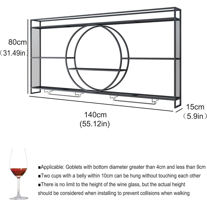 Настінна металева винна полиця, вузька полиця для пляшок, барна полиця з тримачем для винних келихів, полиця для напоїв зі світлодіодним підсвічуванням, підставка для вина, меблі для їдальні, барної стійки, вітальні, кухні, домашнього бару (Nero, 140 см/5