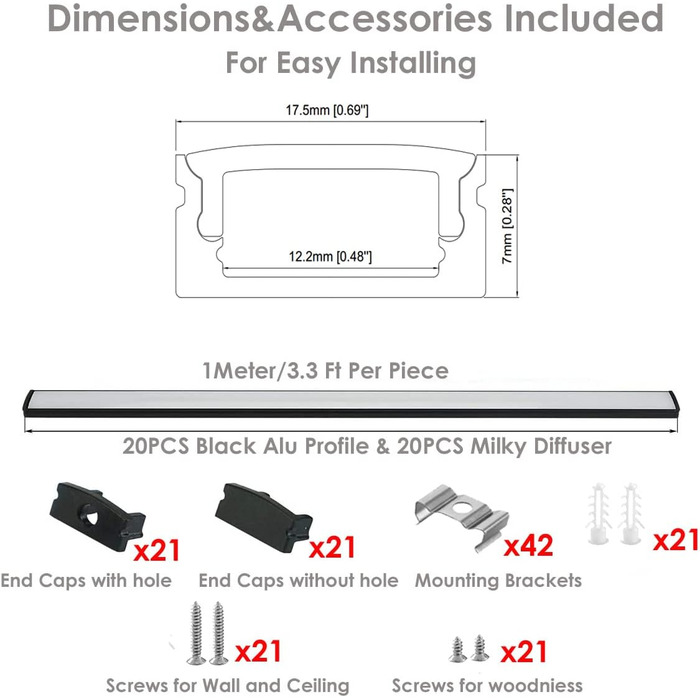 Світлодіодний алюмінієвий профіль 20 x 1 м, U-подібний світлодіодний профіль чорний, профіль розсіювача світлодіодної стрічки з молочною кришкою, торцевими кришками та монтажним кронштейном Алюмінієвий профіль для світлодіодної стрічки (U-подібна форма 20