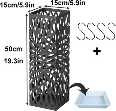 Підставка для парасольки Тримач для парасольки, металева підставка для парасольки, квадратний окремо стоячий тримач для парасольки, зі знімним піддоном для крапель, 4 гачки, для палиць, вхідна зона, офіс, чорний Svart 15x15x50см
