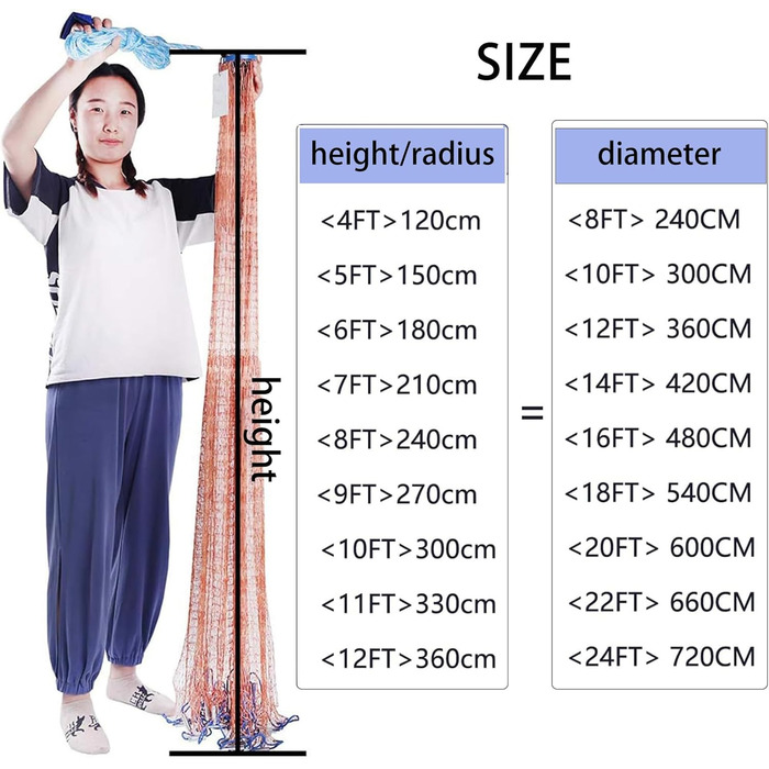 Рибальська сітка, кастова сітка для риболовлі, виготовлена з нейлону, рибальські сітки з грузилом, рибальські сітки ручного лиття, діаметри від 1,8 метра до 7,2 метра, підходять для річок та озер, діаметр 6,6 м