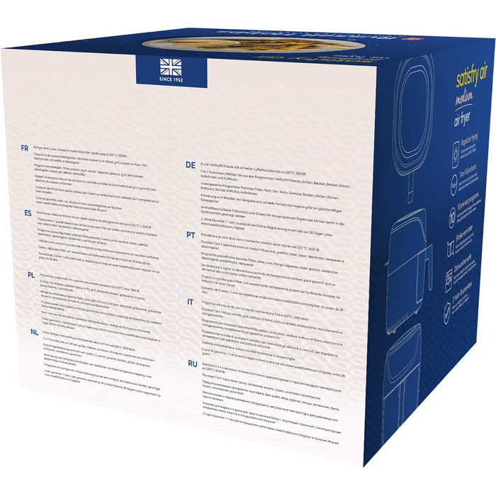 Аерофритюрниця Russell Hobbs L 4l дуже маленький корпус7 функцій приготування10 програм AirFryer (можна мити в посудомийній машині, макс. 220C, фритюрниця без олії, гриль, запікання, смаження, зневоднення) SatisFry 27160-56