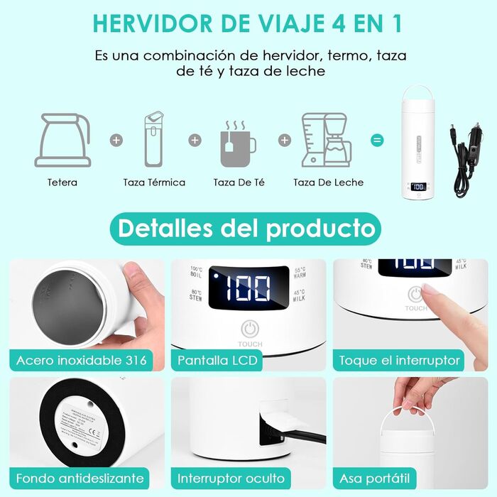 Дорожній чайник Dreamhigh, міні-чайник 450 мл, невеликий чайник з нержавіючої сталі 96 Вт, автомобільний чайник, автоматичне вимкн