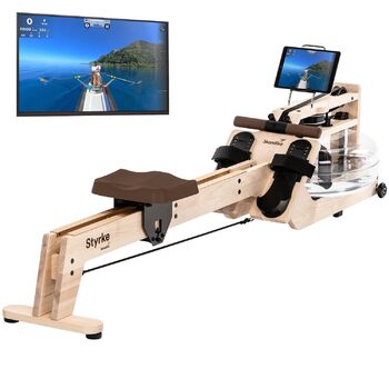 Водний гребний тренажер преміум-класу Skandika Styrke Зроблено в Німеччині, дерев&39яний водний гребний тренажер, функція застосунку Kinomap, домашній гребний тренажер, масив ясена з Німеччини, природний досвід веслування, до 180 кг, арктично-білий, корич