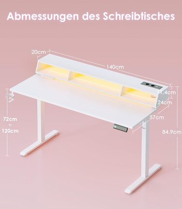 Ігровий стіл OffiGo, стіл з регульованою висотою 140 см, RGB-підсвічуванням та розетками, електричний стіл з 3 відкритими відділеннями для зберігання, тримач для напоїв та навушників, карбонова поверхня білого кольору