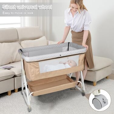 Дитяче ліжечко OHMG Side-by-Side, дитяче ліжко, дитяча колиска, дитяче ліжко 3 в 1 для новонароджених, ліжко-гойдалка для дому та подорожей з колесами, регульована висота 6 рівнів (95 * 50 * 98-110 см (бежево-білий)) 95*50*98-110 см (бежево-білий)