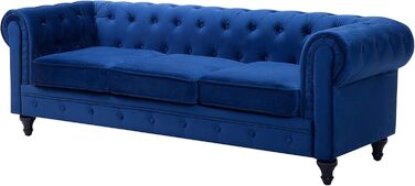Місний диван Beliani, оксамит, синій, товсті подушки сидіння, підлокітники, ґудзикова обробка, стиль Честерфілд, 3-
