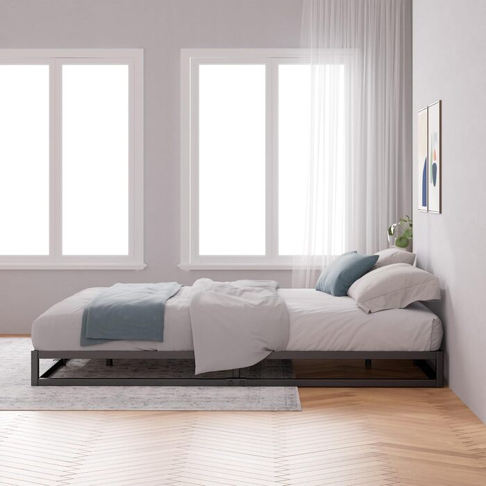 Каркас ліжка Zinus Joseph 140x200 см - Металеве ліжко 140x200 з дерев&39яною рейковою основою - Низький дизайн 15 см - Компактне пакування та легке складання - Чорний колір 140x200 см, висота 15 см