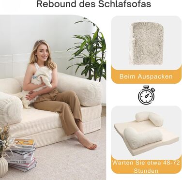 Диван MeMoreCool 4-в-1 без кісток, розкладний диван-ліжко з підлокітниками, розкладним матрацом та кріслом-ліжком, зручний розкладний диван для вітальні та спальні як шезлонг або гостьове ліжко, бежевий