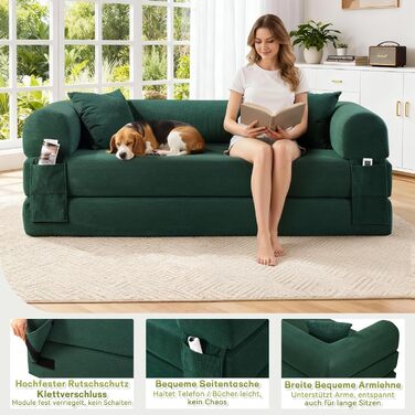 Диван BMMB з функцією сну, 203 см 3-місний диван без кісток, розкладний диван-ліжко з 2 подушками, сучасний розкладний диван-ліжко для вітальні/спальні (темно-зелений, 8025) Темно-зелений 8025