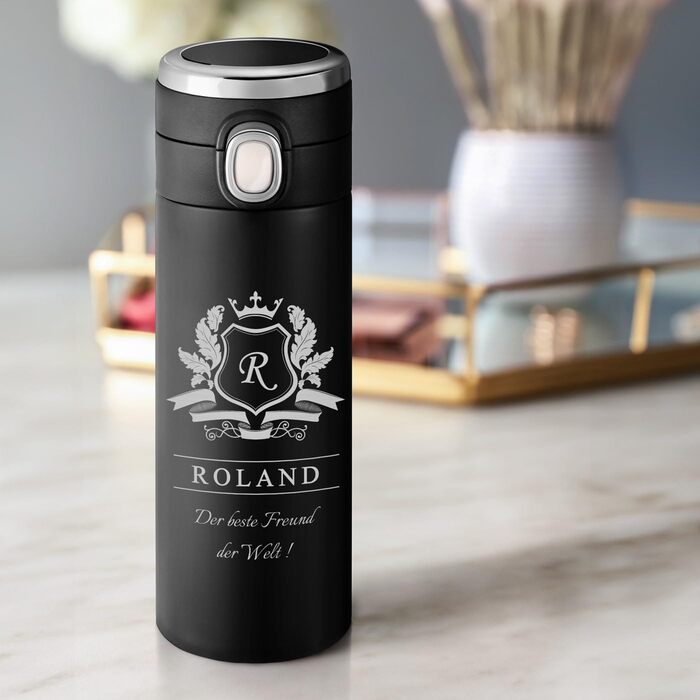 Пляшка для води Maverton з гравіюванням 400 мл - Герметична 100 водонепроникна термокружка - Сенсорний світлодіодний дисплей - Термос з нержавіючої сталі - Для чоловіків - Подарунки на день народження - Різдвяні подарунки - Чорна - Літера