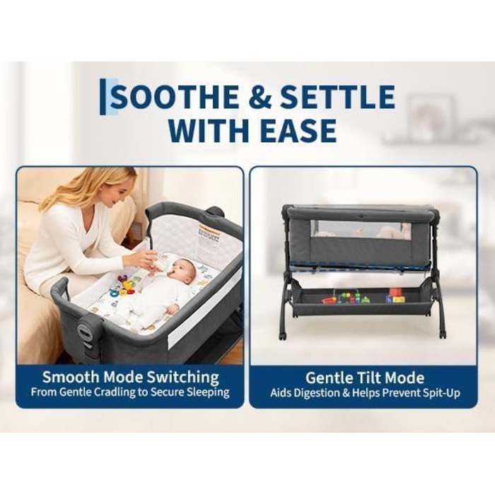 Дитяче ліжечко Garvee Baby Bed Crib, дитяче ліжечко 3-в-1, дорожнє ліжечко-колиска, регульована по висоті дитяче ліжко з матрацом, москітною сіткою та кошиком для зберігання, приліжкове ліжечко для новонароджених, темно-сіре