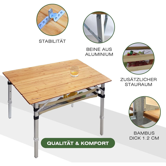 Складаний кемпінговий стіл, бамбук, складний, регульований по висоті, садовий стіл для вулиці, складний з алюмінієвими ніжками для кемпінгу, пікніків, приготування їжі, походів, подорожей - 100 x 60 см