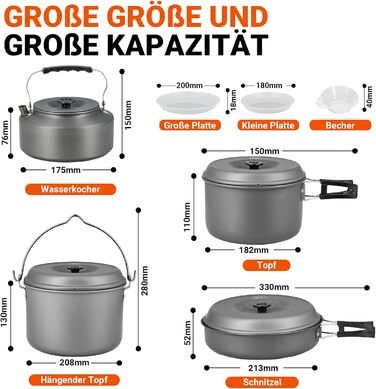 Набір посуду для кемпінгу Bulin, алюмінієві кемпінгові горщики, легкий набір для приготування їжі з складними столовими приборами та чайником, кемпінговий посуд для 1-2-4-6 осіб, ідеально підходить для кемпінгу, активного відпочинку на свіжому повітрі, пі