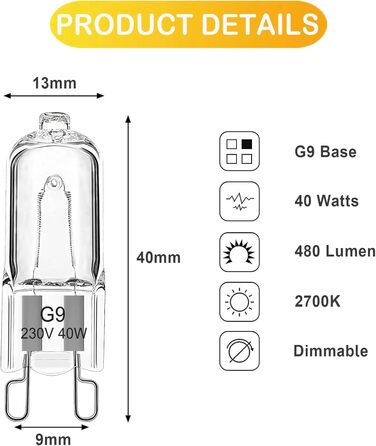 Лампа для духовки EASYIVY G9 40 Вт 230 В Галогенна лампа для духовки G9 для духовки AEG/Neff/Zanussi/Smeg/Bosch, мікрохвильова піч, 300 градусів C, термостійкі лампи, упаковка з 2 шт.