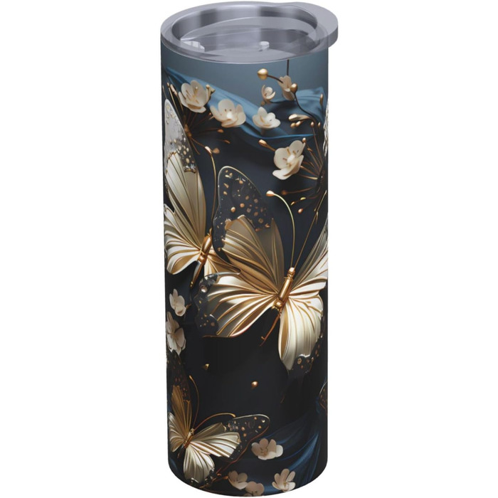 Кухоль з прямою трубочкою, 590 мл, золотистого кольору, білі метелики, чорний, з принтом, дорожній кухоль, підходить для кемпінгу, офісу та дому
