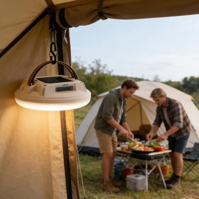 Сонячний кемпінговий ліхтар, світлодіодний дисплей, водонепроникний, акумуляторний, портативний сонячний кемпінговий ліхтар - для використання в приміщенні та на вулиці, для піших прогулянок, походів, нічної риболовлі, відключень електроенергії, бежевий