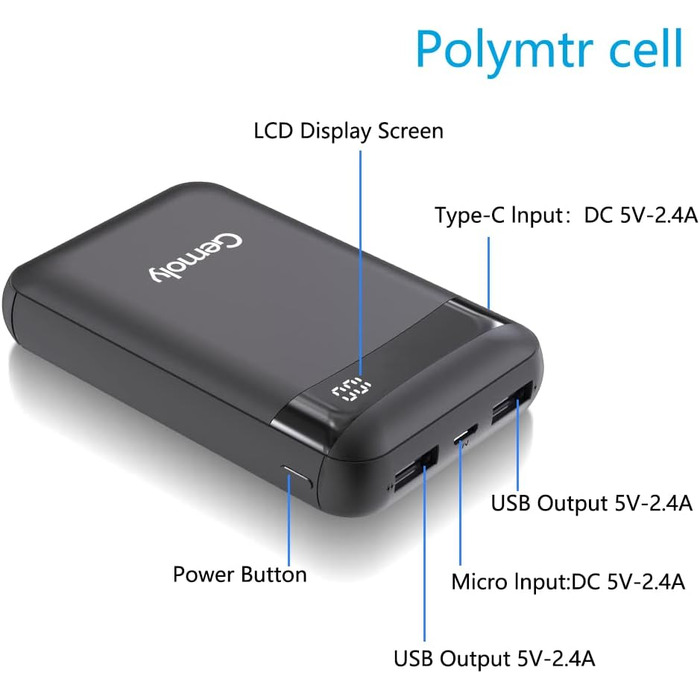 10 000 mAh, Portable Mini Charger with 2 Inputs and Outputs 5 V/2.4 A for iPhone, Samsung Galaxy Huawei Smartphone (Black), 10 000 mAh, Portable Mini Charger with 2 Inputs and Outputs 5 V/2.4 A for iPhone, Samsung Galaxy Huawei Smartphone (Black)