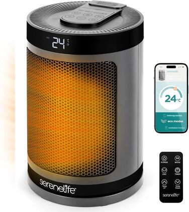 Керамічний обігрівач SereneLife 1500W PTC, безшумний та енергоощадний, WiFi термостат з пультом керування, осциляція 70, сірий