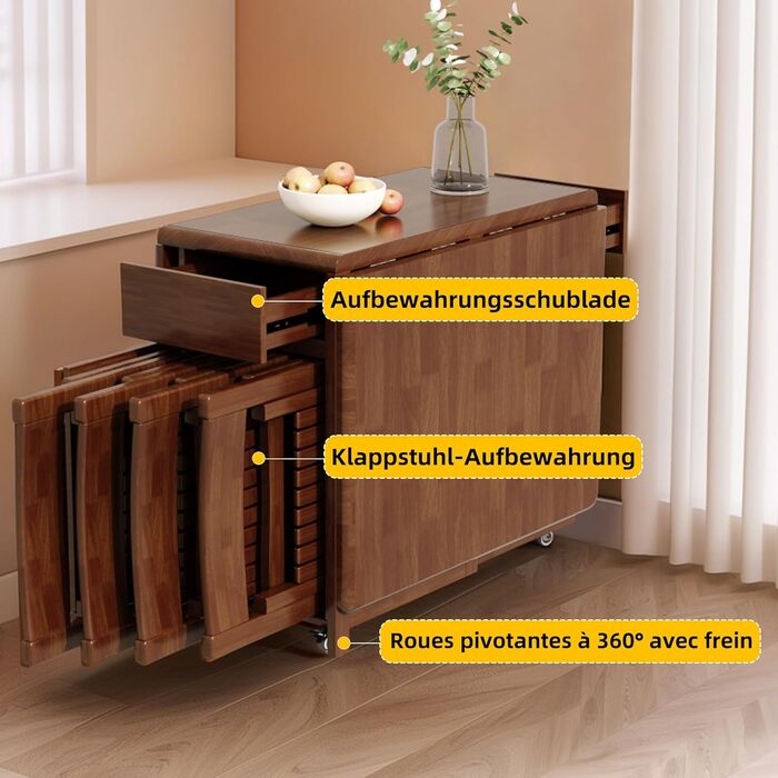 Розкладний стіл, компактний, багатофункціональний кухонний/обідній стіл, розсувний з масиву дерева та колесами, що обертаються на 360, для 2-8 осіб у невеликих квартирах. Розкладний обідній стіл, горіх (150 см).
