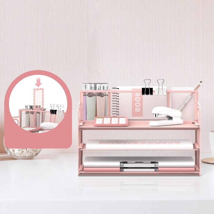 Рівневий органайзер для столу з ручкою та 3 тримачами для ручок, сітчастий органайзер для паперу/файлів на стіл, лоток для паперу та листів, рожевий Pink 1, 3-