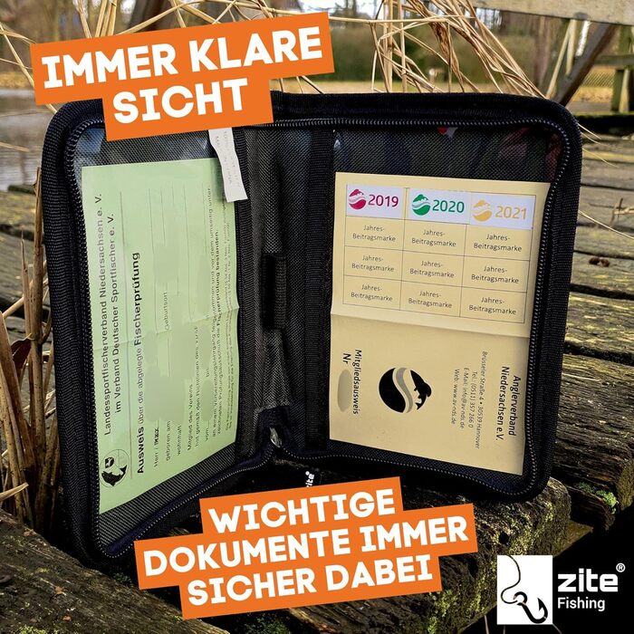 Сумка для ліцензії на риболовлю Zite Fishing - сумка для документів і обкладинка для паперів для риболовлі 15x20 см - футляр для ліцензії на риболовлю для карток риболовлі та риболовлі - футляр з 2 відділеннями тримач для ручок