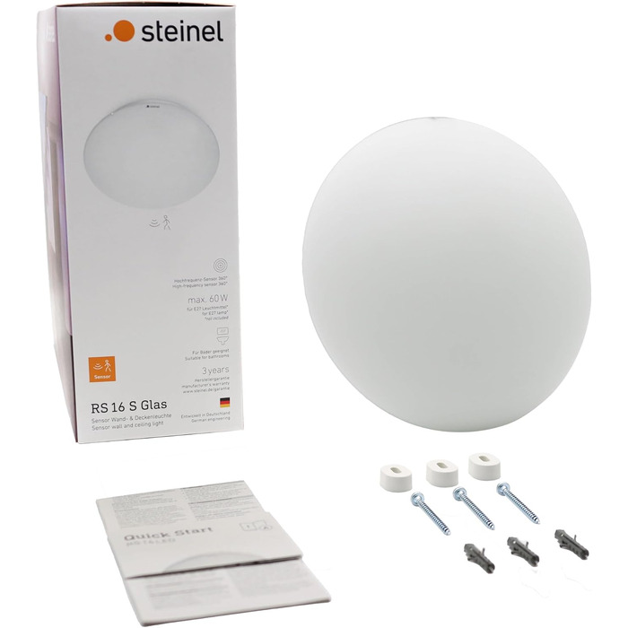 Стільовий LED-світильник Steinel RS 16 S з опаловим склом, білий, 9.3 Вт, настінний, з датчиком руху 360, радіус дії 3-8 м, 918 Лм, для коридору, скляний плафон