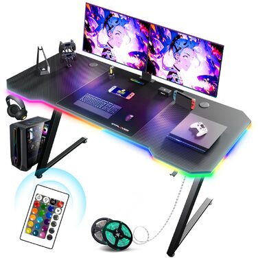 Ігровий стіл GTPLAYER, Ігровий стіл 120 x 60 см, ПК-стіл для гравців зі світлодіодним підсвічуванням, міцний комп&39ютерний стіл з гачком для навушників, чорний зі світловою стрічкою