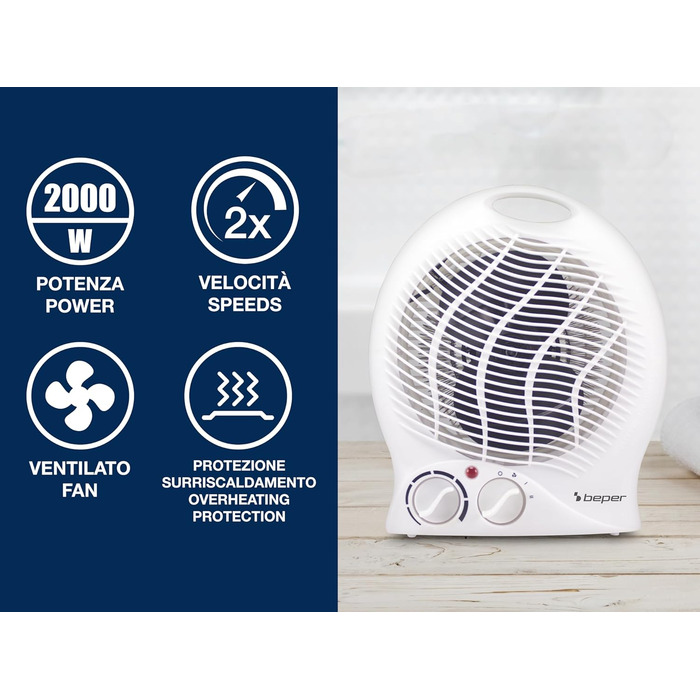 Тепловентилятор BEPER P203TER202, 2000 Вт, 2 рівні потужності, компактний вентилятор з регульованим термостатом, еко-режимом та автоматичним вимкненням, білий