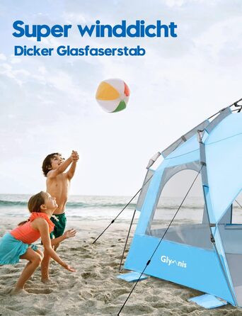 Пляжний намет Glymnis Quick Up, автоматичний пляжний намет, захист від ультрафіолету 50, вітрозахисний, сонцезахисний козирок із системою швидкого складання, невеликий розмір у пакуванні, для 4-5 осіб, синій, BT-ZD02-B, з подовжувальною підлогою