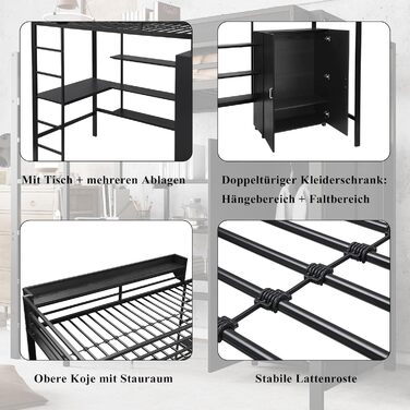 Ліжко-горище Merax 90x200 см з письмовим столом, шафою та полицею для зберігання, міцне металеве двоярусне ліжко з рейковою основою та захисними поручнями, компактне дитяче ліжко-горище, дитяче ліжко-горище, чорне 90 x 200 см, чорне - зі столом та шафою