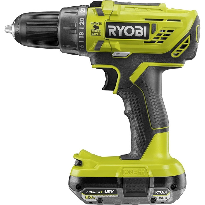 Акумуляторний ударний дриль-шуруповерт RYOBI 18 В ONE R18PD32-1C20G (2-швидкісний редуктор, крутний момент 50 Нм, рівні крутного м