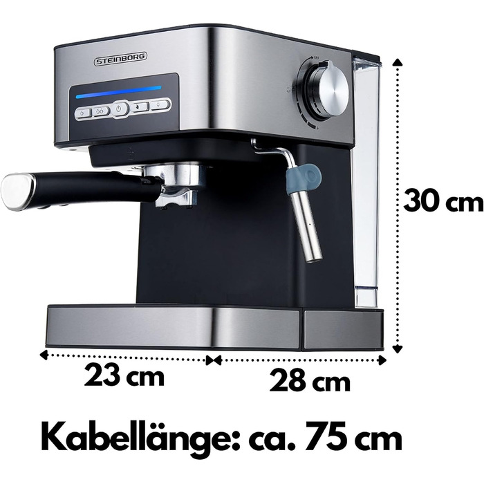 Кавоварка Steinborg Машина для портафільтра 15 бар Кавоварка з портафільтром з піноутворювачем молока Машина для капучино Резервуар для води об'ємом 1,6 літра