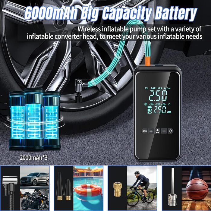 Електричний повітряний насос, портативний електронний повітряний насос з комплектом для ремонту шин, електричний компресорний вело