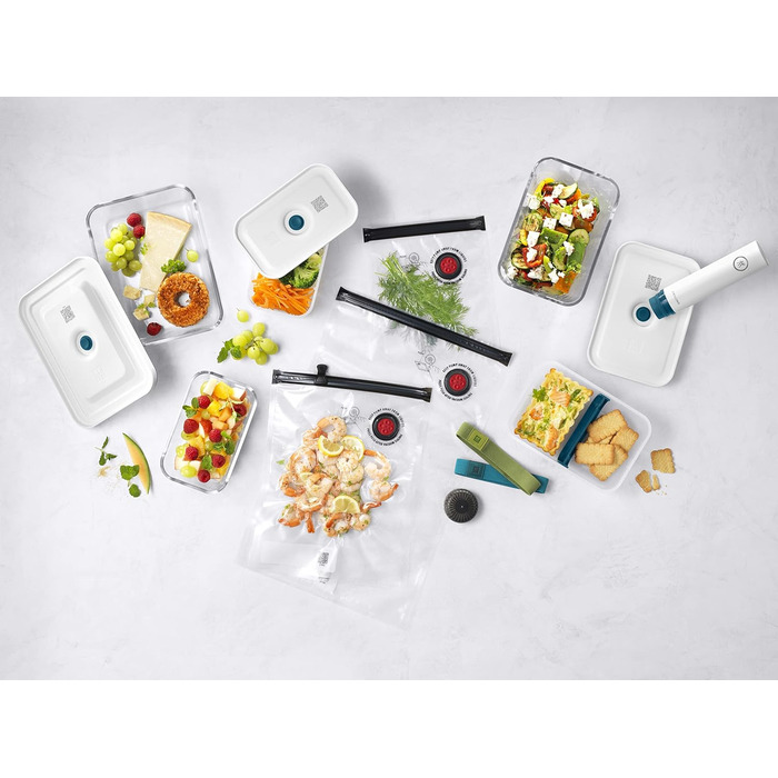 Набір для вакуумного зберігання продуктів ZWILLING Fresh & Save, 16 предметів контейнери, банки та пакети, з ручним вакуумним насосом, блакитно-морський колір