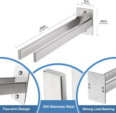 Тримач для рушників Dvocel Рушникотримач свердління квадратного рушника подвійний 304 з нержавіючої сталі срібний рушникотримач з