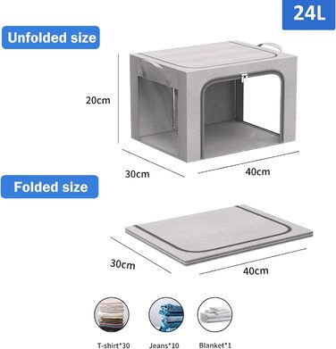 Коробка для зберігання одягу з 2 предметів, складна коробка для зберігання одягу з металевим каркасом та 3 віконцями, сумка для зберігання ковдр, пледів та одягу, сіра (24 л) 2 предмети - сірий - 24 л
