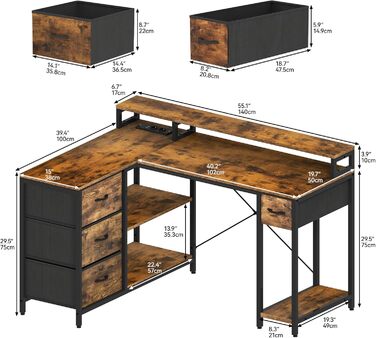 Подібний письмовий стіл із USB-портом для зарядки та розеткою, двосторонній кутовий стіл із 4 шухлядами та полицею, ігровий стіл із підставкою для монітора, 140x100 см, комп&39ютерний стіл для офісу, коричневий