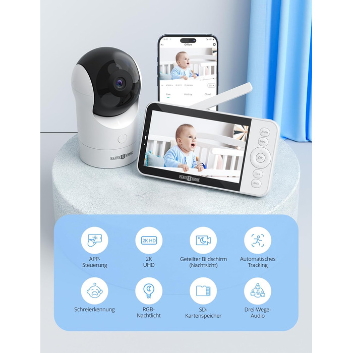 Радіоняня з 2 камерами, 5&39 WiFi Монітор з додатком, 2K UHD, нічне освітлення, виявлення руху/крику, моніторинг температури та во