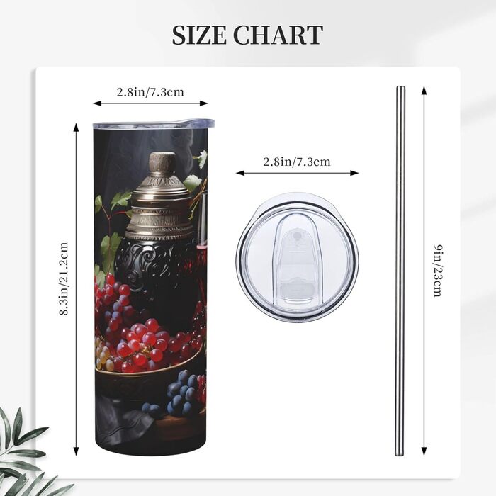 Кружка з прямою трубочкою, 590 мл, дизайн виноград та вино, друкований, підходить для кемпінгу, офісу та дому.