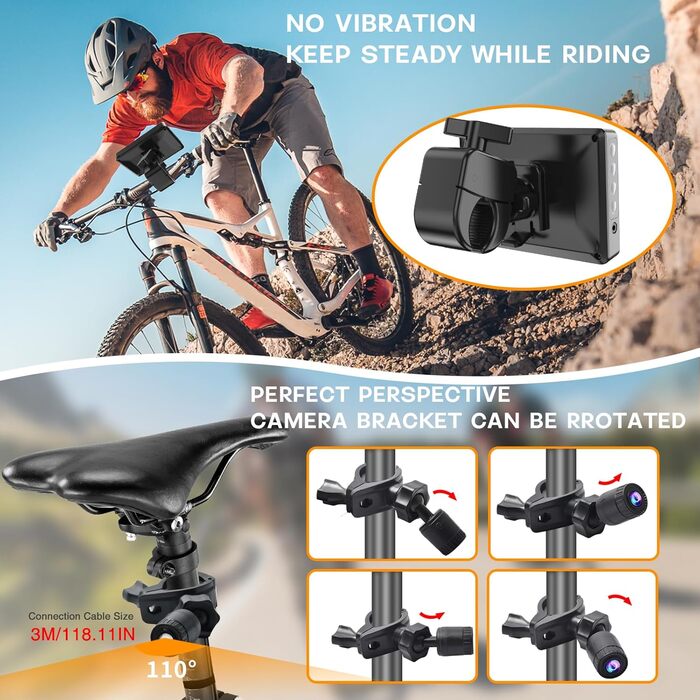 Велосипедне дзеркало PARKVISION із захистом від відблисків, камера заднього виду для велосипеда зі справжнім 4,3-дюймовим AHD 1080P монітором, регульованим поворотним затискачем на 360 з чудовим нічним баченням, дзеркало на кермі велосипеда