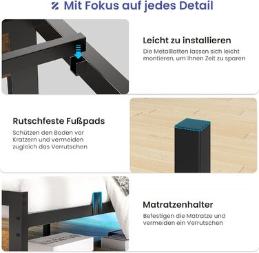 Ліжко 140x200 з металевою рейковою основою, двоспальний каркас ліжка 140x200 см зі світлодіодним освітленням та зарядною станцією (2 розетки змінного струму, 1 порт USB та 1 порт Type-C), металеве ліжко з узголів&39ям, чорно-коричневе, 140x200 см