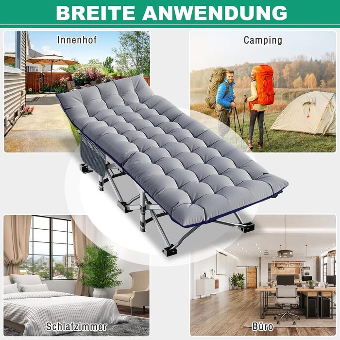 Туристичне ліжко з матрацом, максимальне навантаження 200 кг, розкладне похідне ліжечко 190 x 71 x 36 см, сталевий каркас та тканинне покриття Pxford, розкладне ліжко, гостьове ліжко для дорослих, кемпінг у приміщенні/на вулиці, сад, офіс, 190 x 71 x 36 с