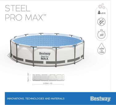 Комплект каркасного басейну Bestway Steel Pro MAX з фільтруючим насосом Ø 305 x 76 см, світло-сірий, круглий одинарний